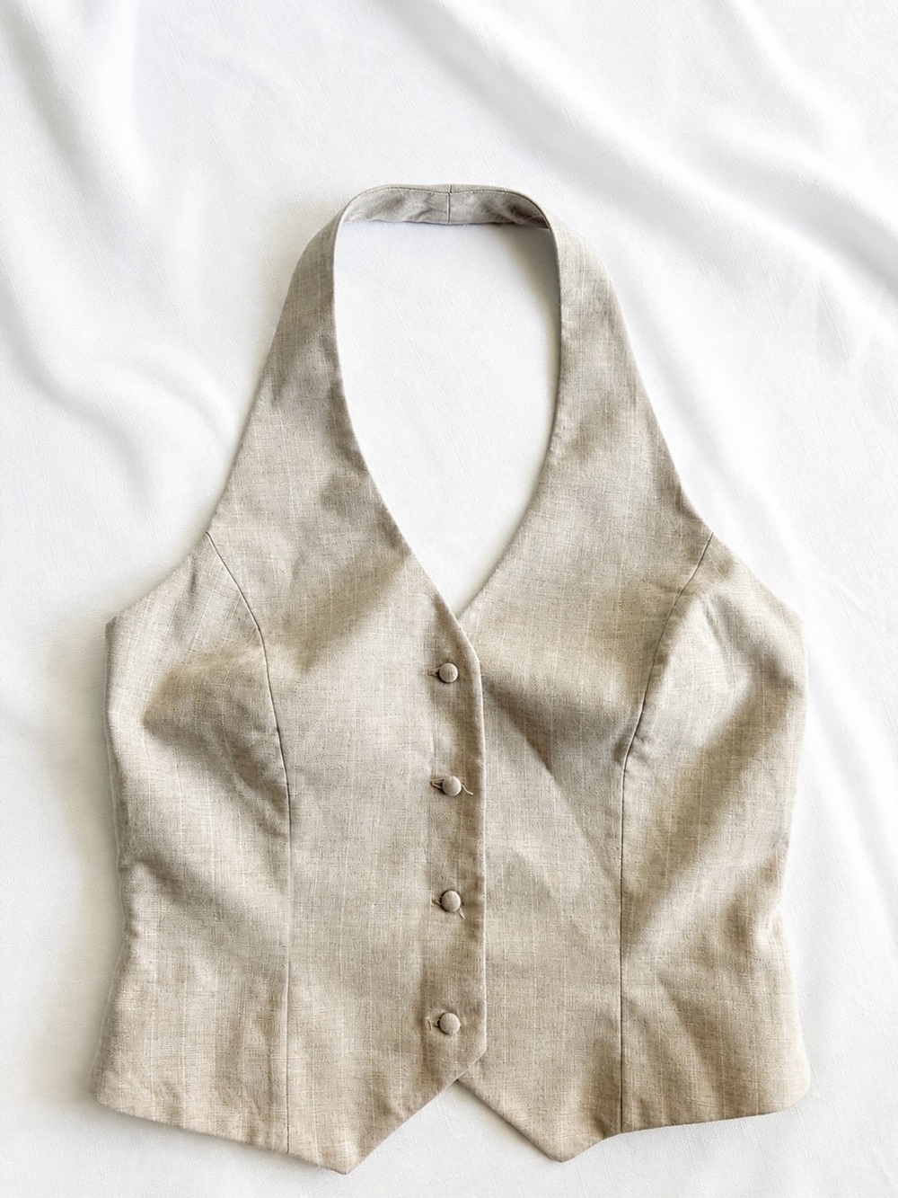Mango Beige Linen Blend Halter Vest Top Size XS Minimalist Button Front